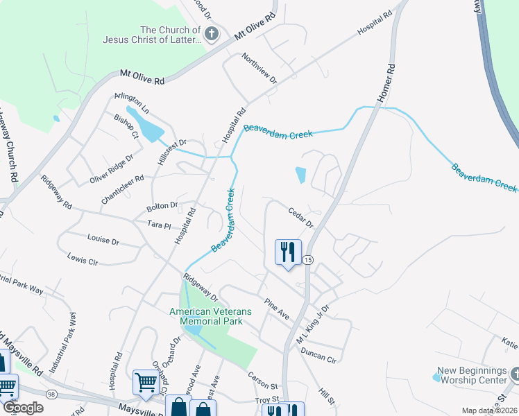 map of restaurants, bars, coffee shops, grocery stores, and more near 315 Cedar Drive in Commerce