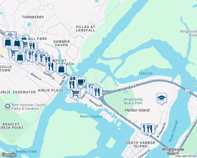 map of restaurants, bars, coffee shops, grocery stores, and more near 145 Driftwood Court in Wrightsville Beach
