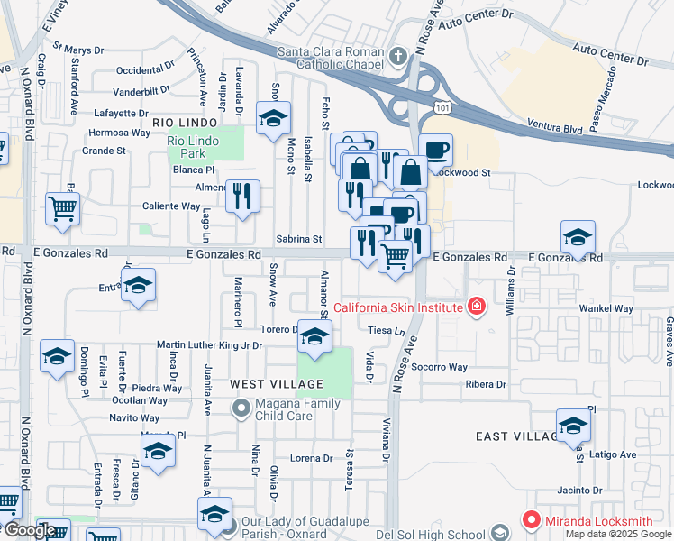 map of restaurants, bars, coffee shops, grocery stores, and more near 1811 Sonata Drive in Oxnard