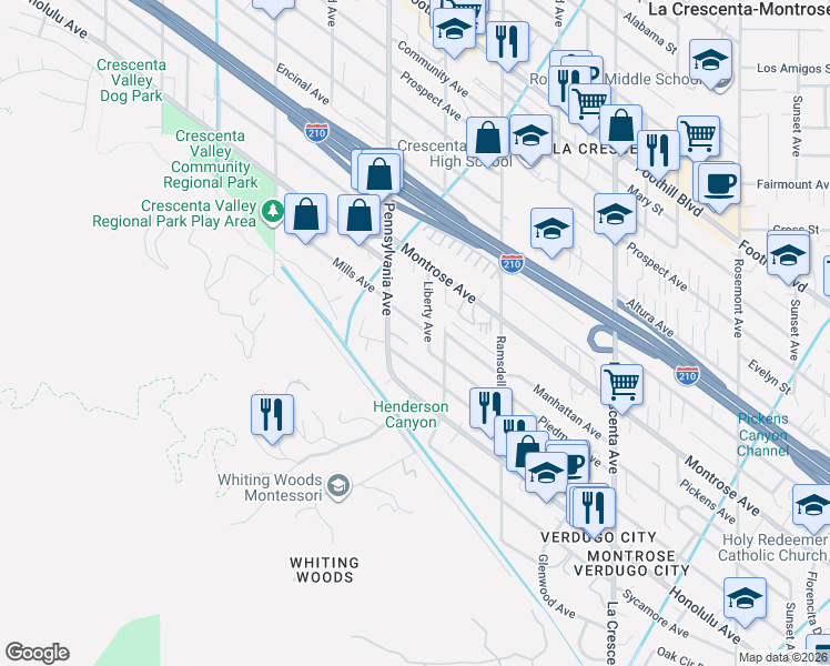 map of restaurants, bars, coffee shops, grocery stores, and more near 3128 Mills Avenue in Glendale