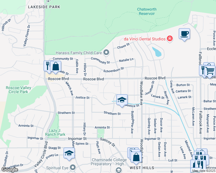 map of restaurants, bars, coffee shops, grocery stores, and more near 8204 Clemens Avenue in Los Angeles