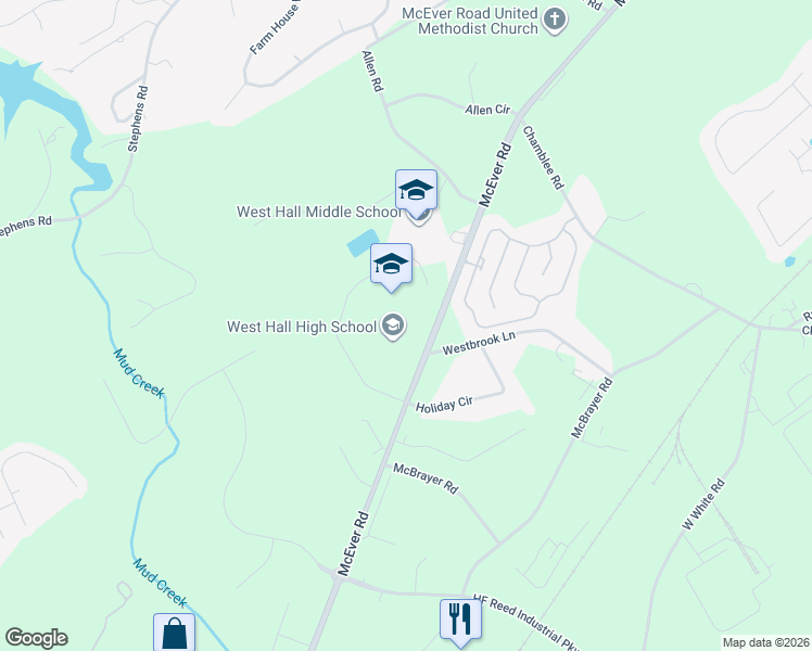 map of restaurants, bars, coffee shops, grocery stores, and more near 5500 McEver Road in Oakwood