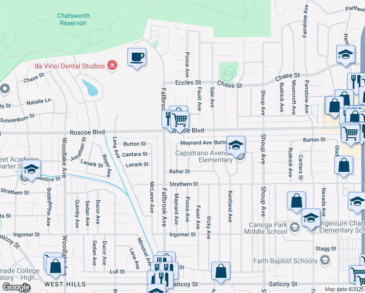 map of restaurants, bars, coffee shops, grocery stores, and more near 22714 Burton Street in Los Angeles