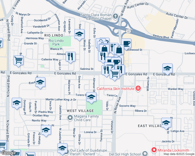map of restaurants, bars, coffee shops, grocery stores, and more near 1811 Sonata Drive in Oxnard