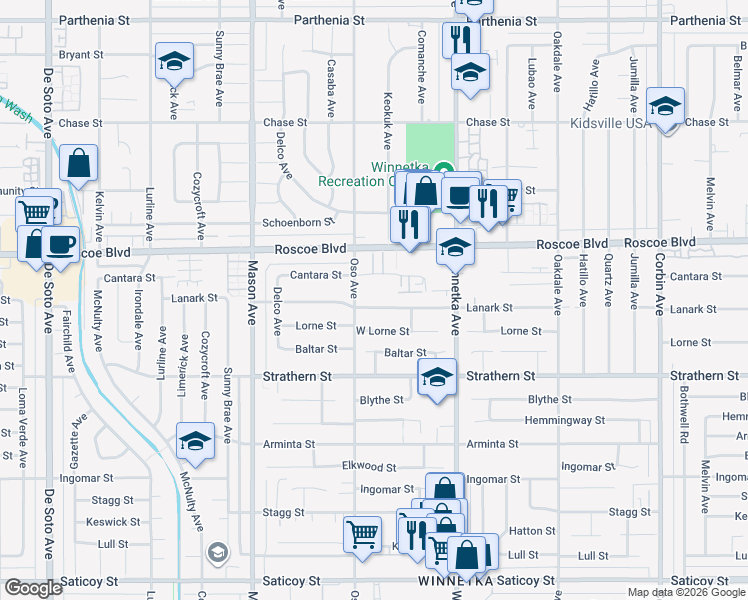 map of restaurants, bars, coffee shops, grocery stores, and more near 20243 Lanark Street in Los Angeles