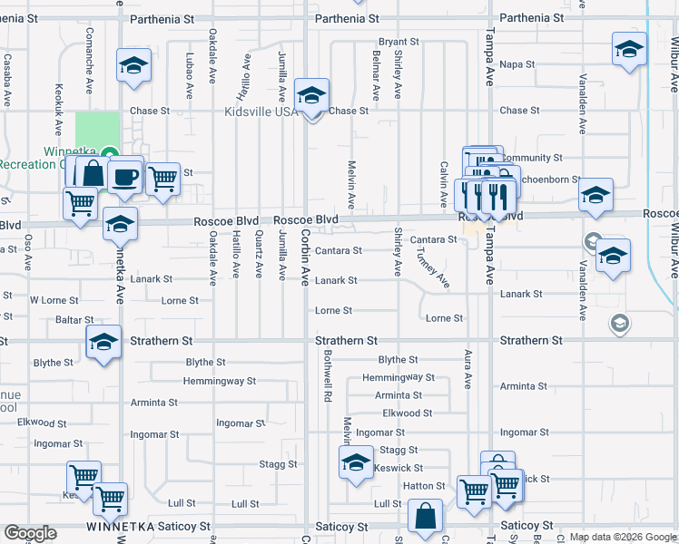 map of restaurants, bars, coffee shops, grocery stores, and more near 19561 Lanark Street in Los Angeles