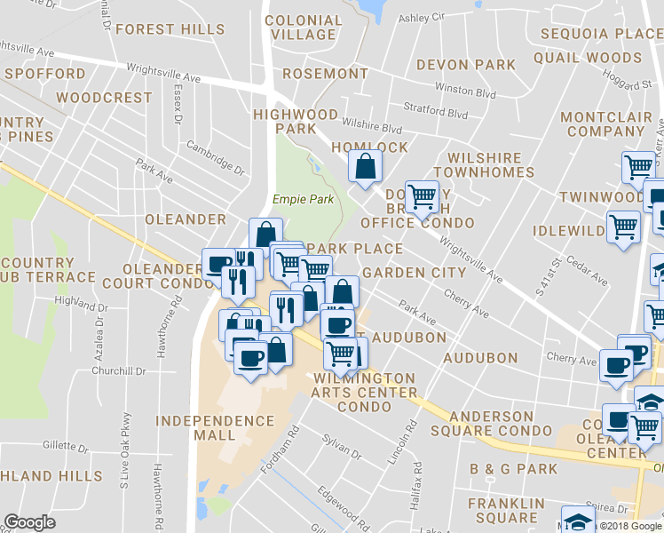 map of restaurants, bars, coffee shops, grocery stores, and more near 3609 Saint Johns Court in Wilmington