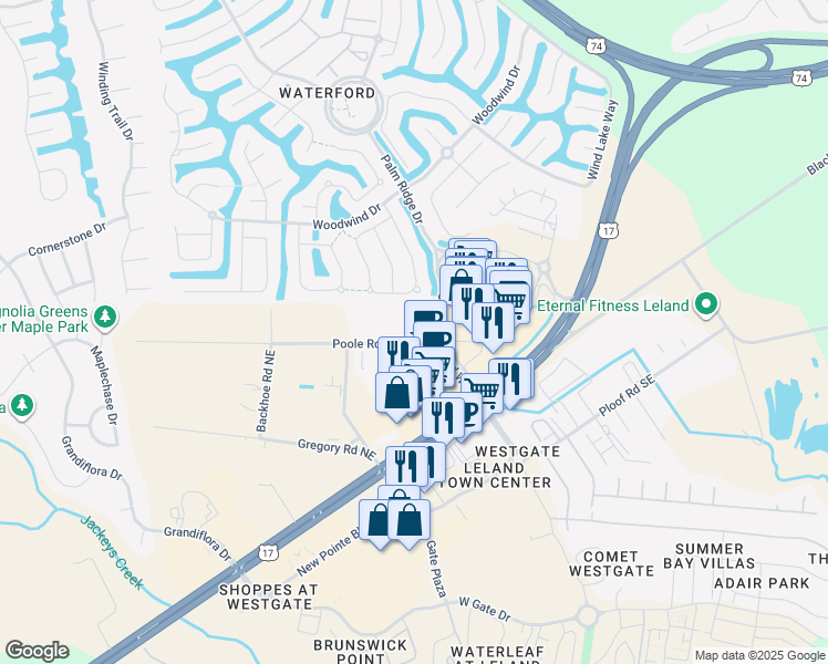 map of restaurants, bars, coffee shops, grocery stores, and more near 146 Poole Road in Leland