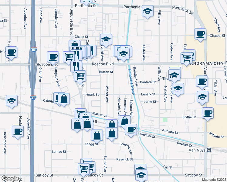 map of restaurants, bars, coffee shops, grocery stores, and more near 8102 Wisner Avenue in Los Angeles