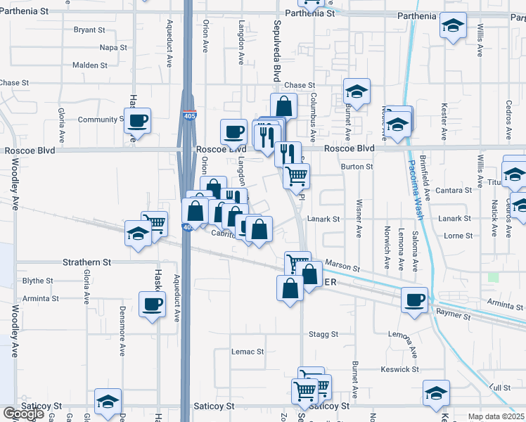 map of restaurants, bars, coffee shops, grocery stores, and more near 8080 Langdon Avenue#6 in Los Angeles