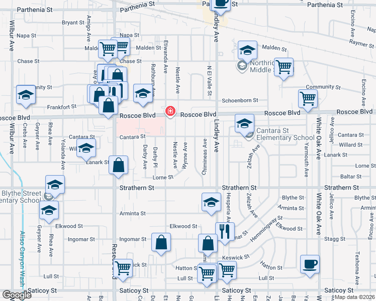 map of restaurants, bars, coffee shops, grocery stores, and more near 8116 Wynne Avenue in Los Angeles