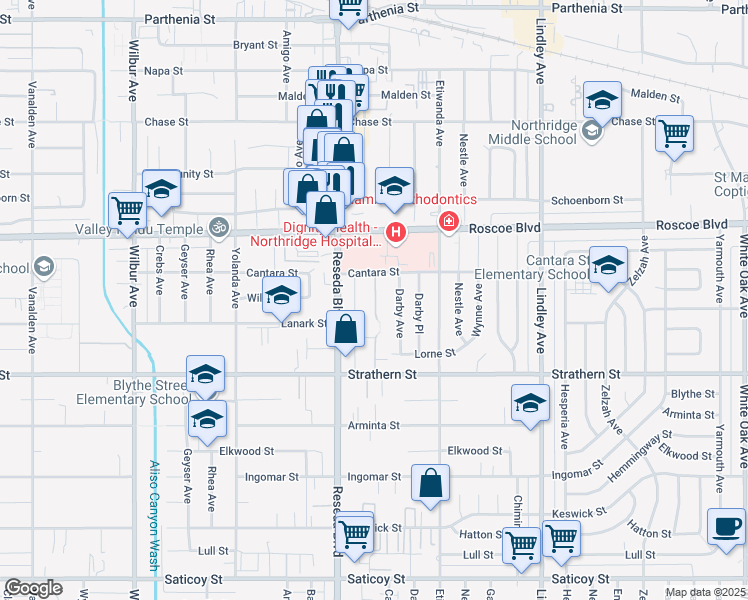 map of restaurants, bars, coffee shops, grocery stores, and more near 8160 Canby Avenue in Los Angeles