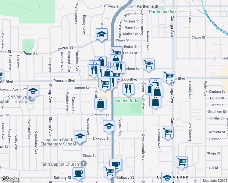 map of restaurants, bars, coffee shops, grocery stores, and more near 8201 California 27 in Los Angeles