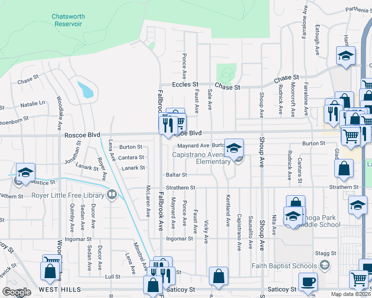map of restaurants, bars, coffee shops, grocery stores, and more near 8201 Ponce Avenue in Los Angeles