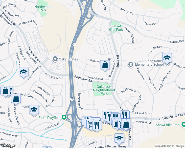 map of restaurants, bars, coffee shops, grocery stores, and more near 1765 Woodside Drive in Thousand Oaks