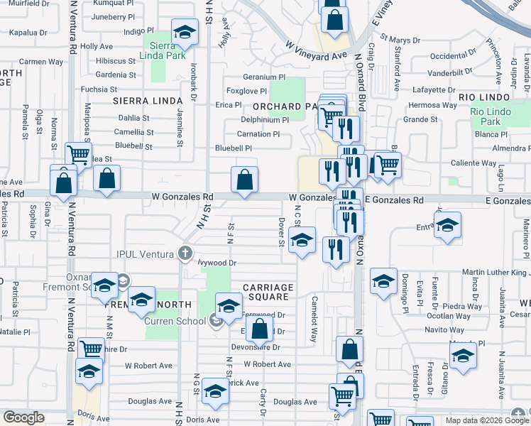 map of restaurants, bars, coffee shops, grocery stores, and more near 520 Lawnwood Way in Oxnard