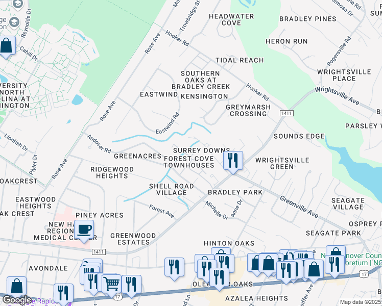 map of restaurants, bars, coffee shops, grocery stores, and more near Unnamed Road in Wilmington
