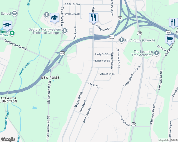 map of restaurants, bars, coffee shops, grocery stores, and more near 2510 Maple Road Southeast in Rome