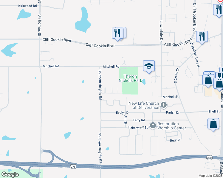 map of restaurants, bars, coffee shops, grocery stores, and more near 1901-1949 Parkwood Drive in Tupelo
