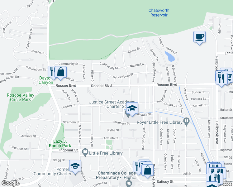 map of restaurants, bars, coffee shops, grocery stores, and more near 8204 Clemens Avenue in Los Angeles