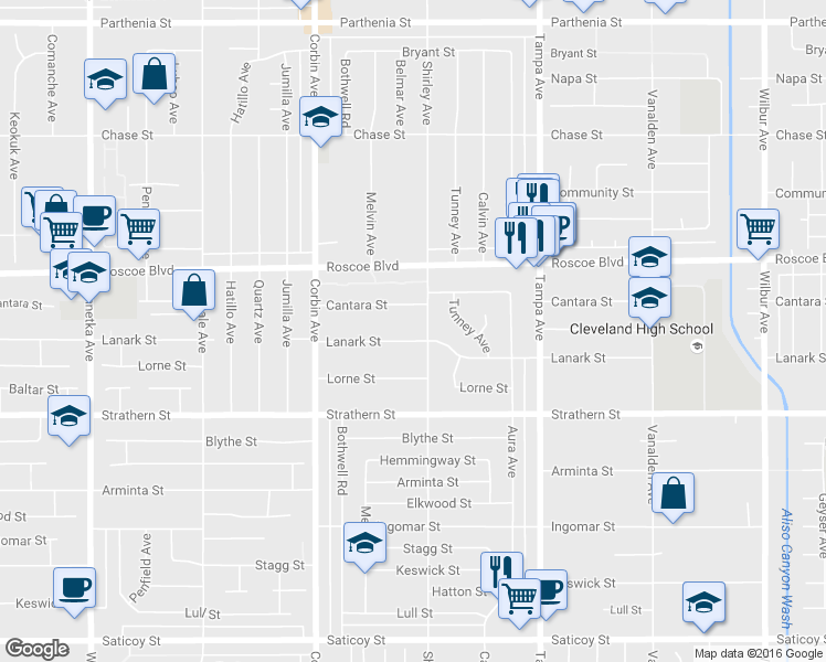 map of restaurants, bars, coffee shops, grocery stores, and more near 19513 Lanark Street in Los Angeles