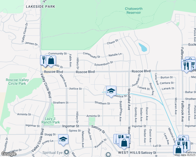 map of restaurants, bars, coffee shops, grocery stores, and more near 8204 Clemens Avenue in Los Angeles