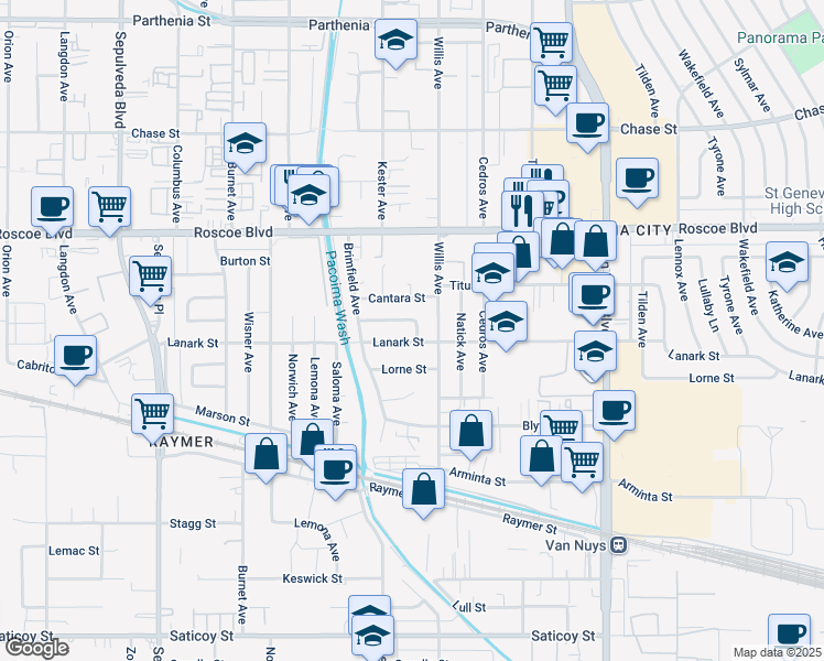 map of restaurants, bars, coffee shops, grocery stores, and more near 8105 Bevis Avenue in Los Angeles