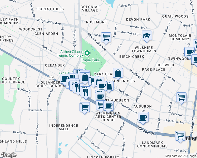 map of restaurants, bars, coffee shops, grocery stores, and more near 3611 Saint Johns Court in Wilmington