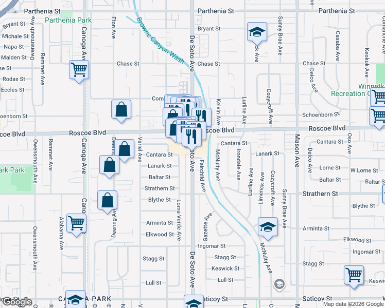 map of restaurants, bars, coffee shops, grocery stores, and more near 8219 De Soto Avenue in Los Angeles