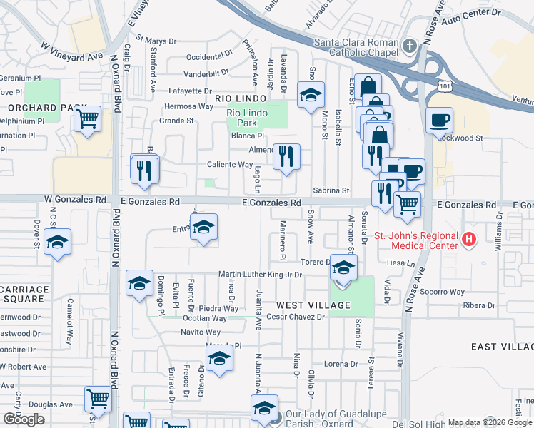 map of restaurants, bars, coffee shops, grocery stores, and more near 1065 Vaquero Circle in Oxnard
