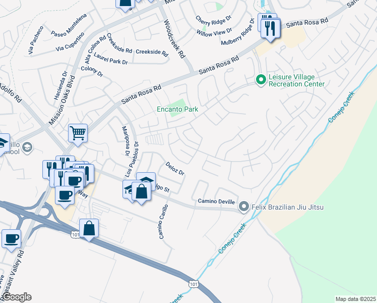 map of restaurants, bars, coffee shops, grocery stores, and more near 16306 Village 16 in Camarillo