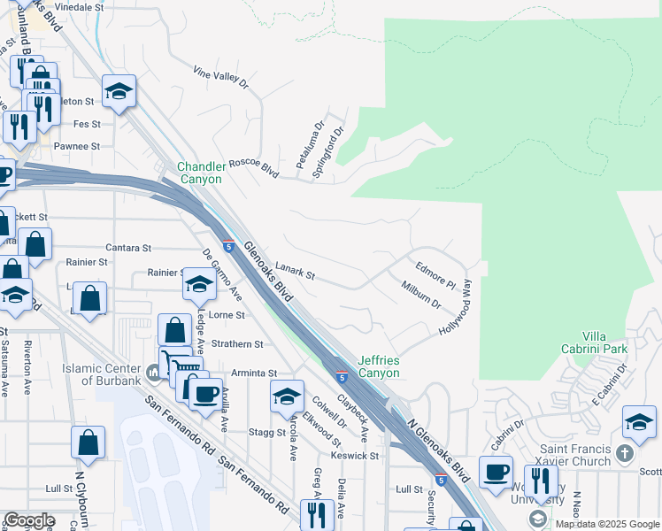 map of restaurants, bars, coffee shops, grocery stores, and more near 10126 Sully Drive in Los Angeles