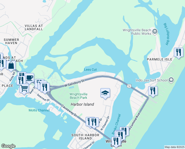 map of restaurants, bars, coffee shops, grocery stores, and more near 40 Pelican Drive in Wrightsville Beach