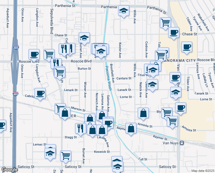 map of restaurants, bars, coffee shops, grocery stores, and more near 14959 Lanark Street in Los Angeles