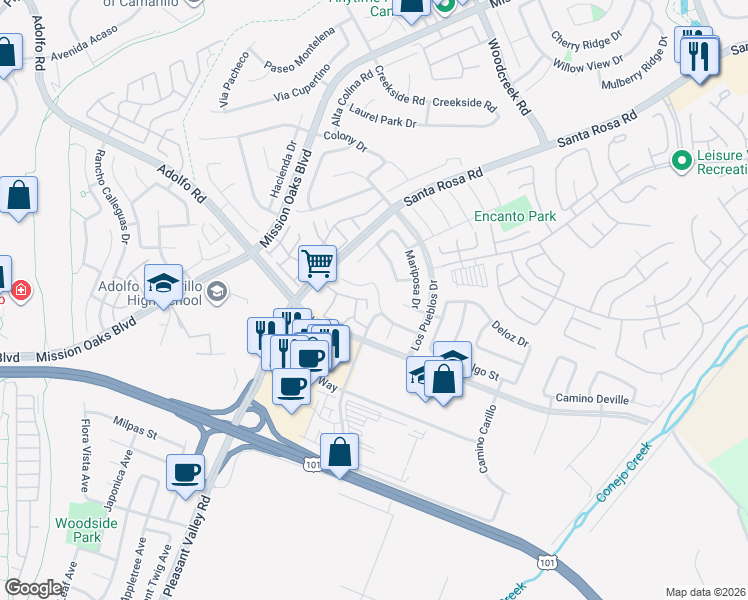 map of restaurants, bars, coffee shops, grocery stores, and more near 5148 Via Calderon in Camarillo