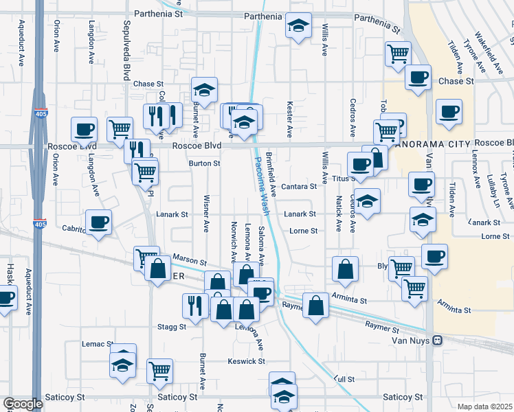 map of restaurants, bars, coffee shops, grocery stores, and more near 14959 Lanark Street in Los Angeles