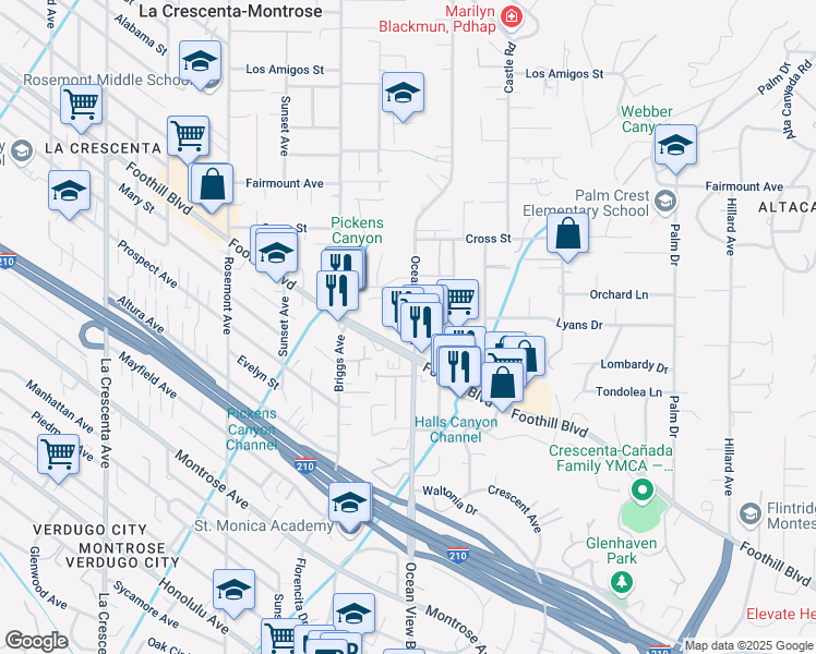 map of restaurants, bars, coffee shops, grocery stores, and more near 4601 Ocean View Boulevard in La Cañada Flintridge