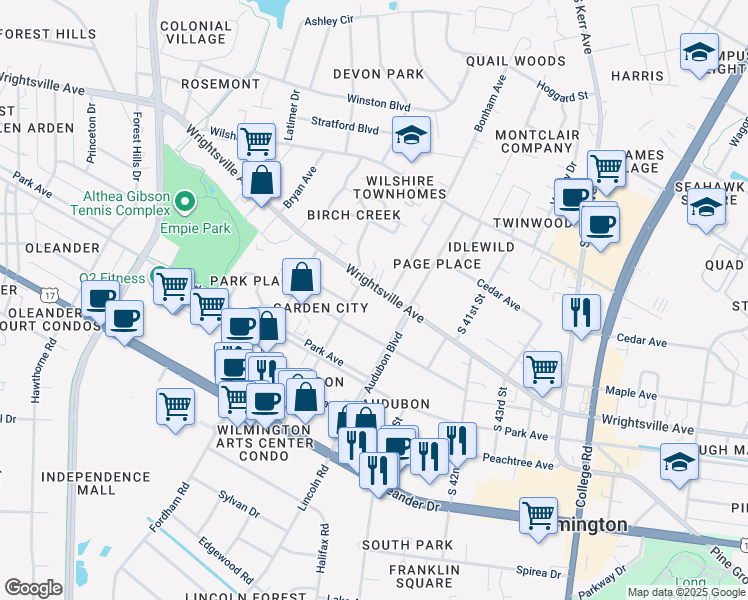 map of restaurants, bars, coffee shops, grocery stores, and more near 3914 Wrightsville Avenue in Wilmington