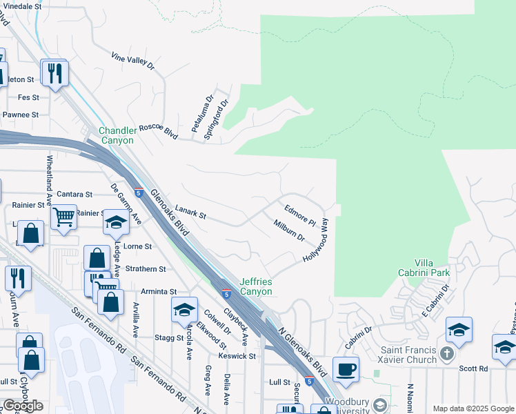 map of restaurants, bars, coffee shops, grocery stores, and more near 9999 Lanark Street in Los Angeles