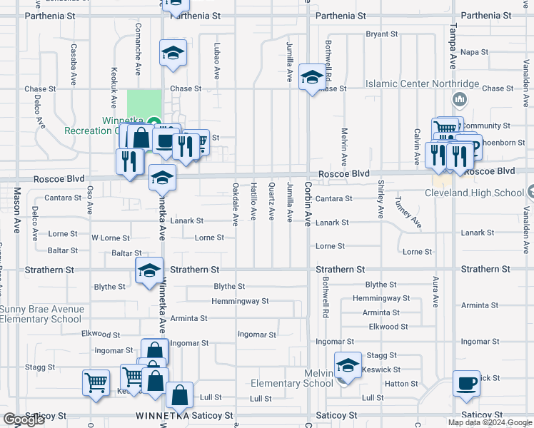map of restaurants, bars, coffee shops, grocery stores, and more near 8139 Quartz Avenue in Los Angeles