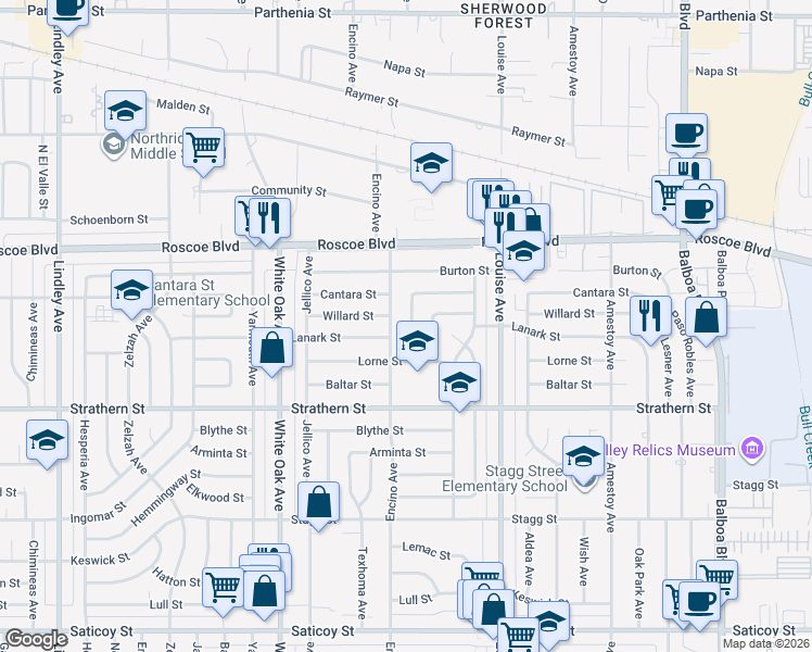 map of restaurants, bars, coffee shops, grocery stores, and more near 8137 Bianca Avenue in Los Angeles