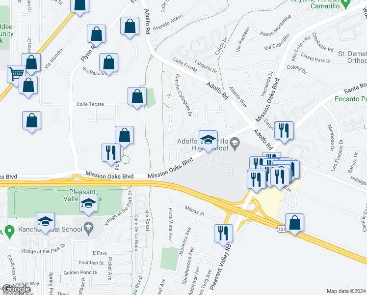 map of restaurants, bars, coffee shops, grocery stores, and more near 221 Via Cantilena in Camarillo