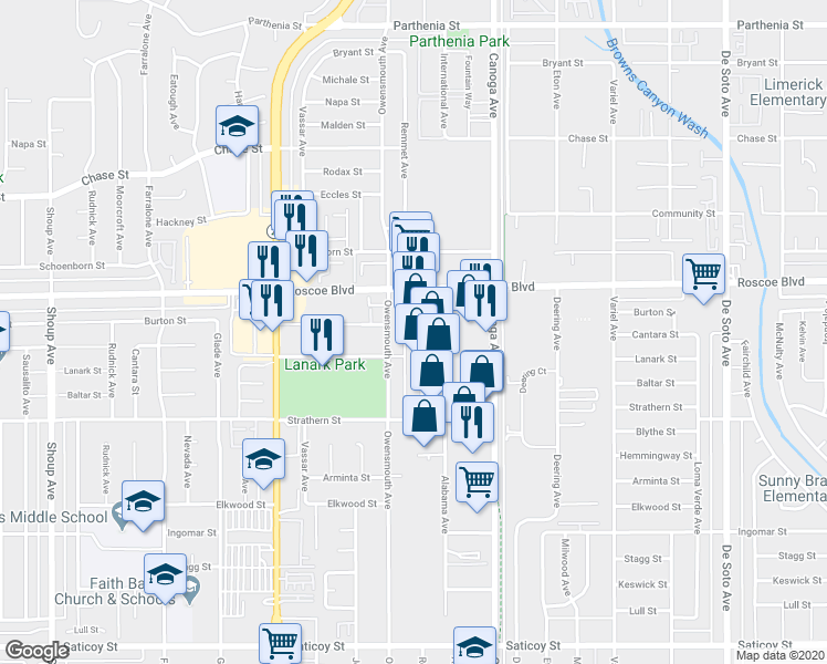 map of restaurants, bars, coffee shops, grocery stores, and more near 8211 Remmet Avenue in Los Angeles