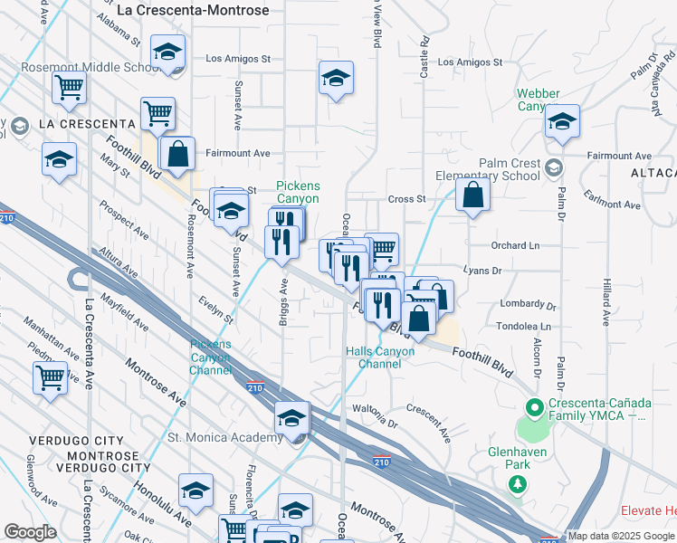 map of restaurants, bars, coffee shops, grocery stores, and more near 4601 Ocean View Boulevard in La Cañada Flintridge