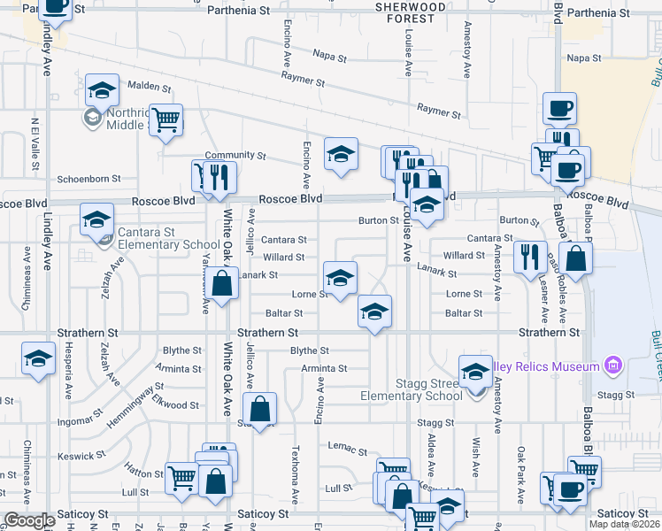 map of restaurants, bars, coffee shops, grocery stores, and more near 8137 Bianca Avenue in Los Angeles