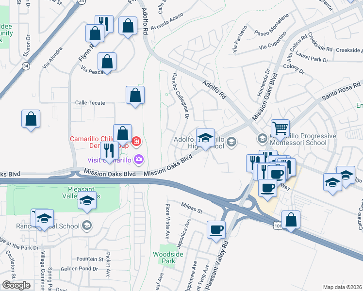 map of restaurants, bars, coffee shops, grocery stores, and more near 221 Via Cantilena in Camarillo