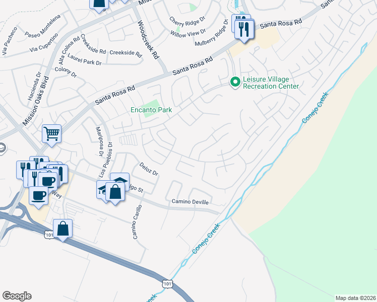 map of restaurants, bars, coffee shops, grocery stores, and more near 17105 Village 17 in Camarillo