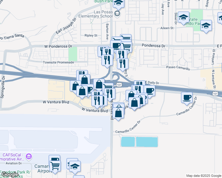 map of restaurants, bars, coffee shops, grocery stores, and more near 502 North Las Posas Road in Camarillo