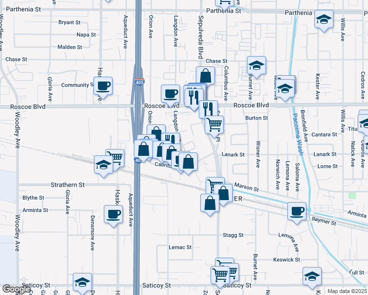 map of restaurants, bars, coffee shops, grocery stores, and more near 8080 Langdon Avenue#6 in Los Angeles