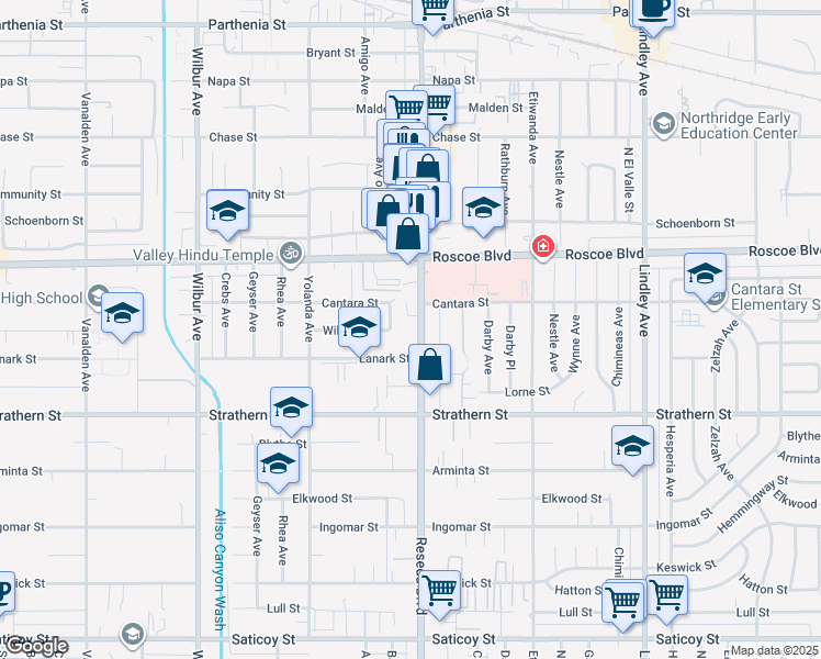 map of restaurants, bars, coffee shops, grocery stores, and more near 8100 Reseda Boulevard in Los Angeles
